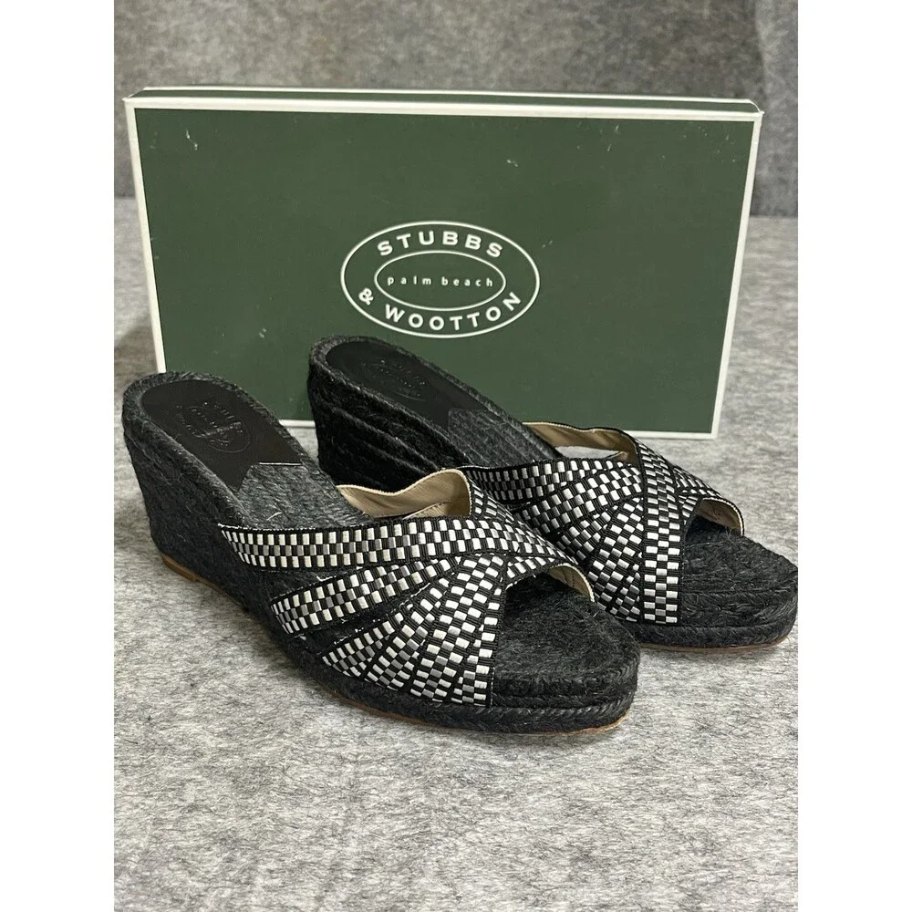 Stubbs Wooton Sandals Womens 7 Check Noir Kelly Espadrilles Wedges Rib Open Toe